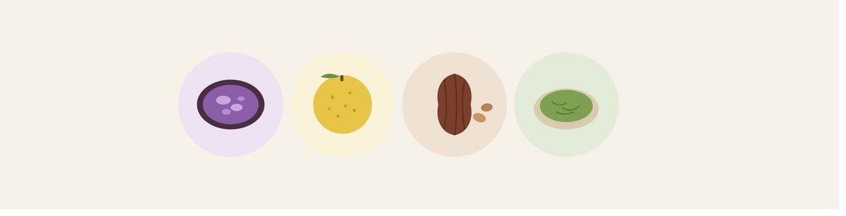 Illustrations of purple ube, yellow yuzu, a cocoa pod and a bowl of green matcha