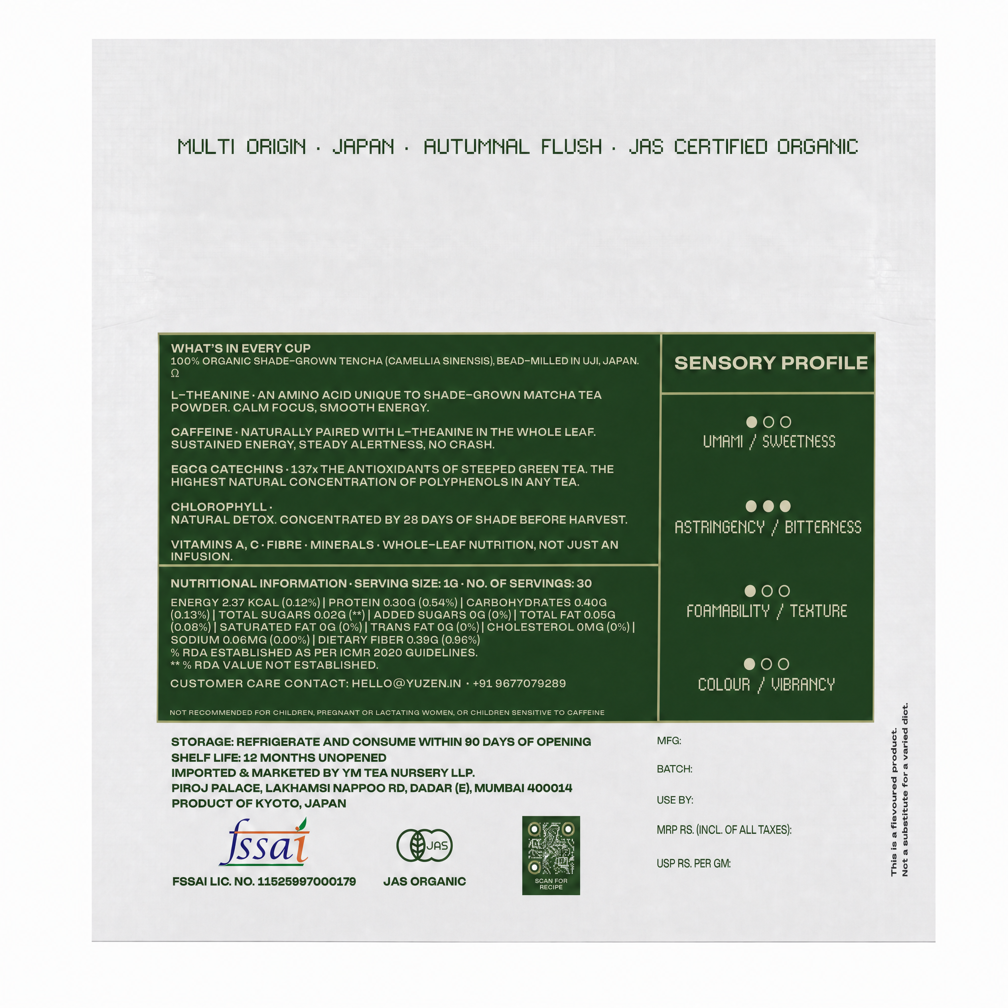 Yūzen Atsumi culinary matcha pack back — sensory profile and nutrition information
