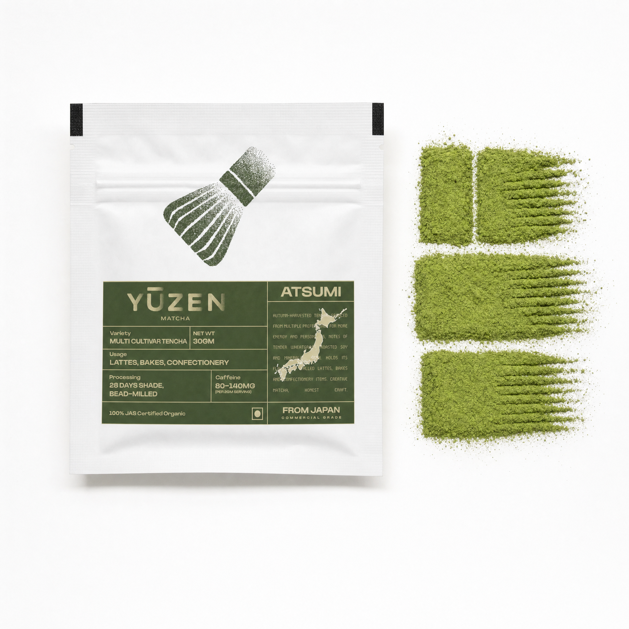 Yūzen Atsumi culinary grade matcha 30g sachet with stone-milled powder, multi-region autumn blend from Japan