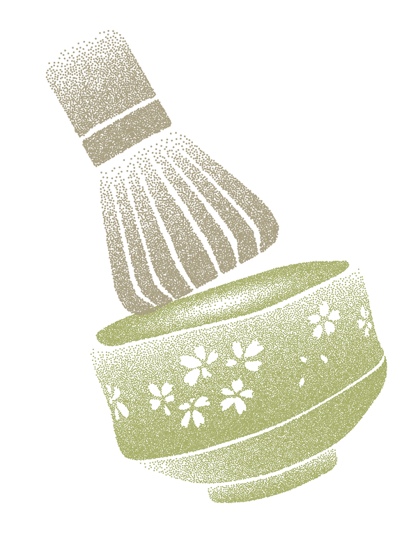 Illustration of a green whisk and bowl with floral patterns on a white background