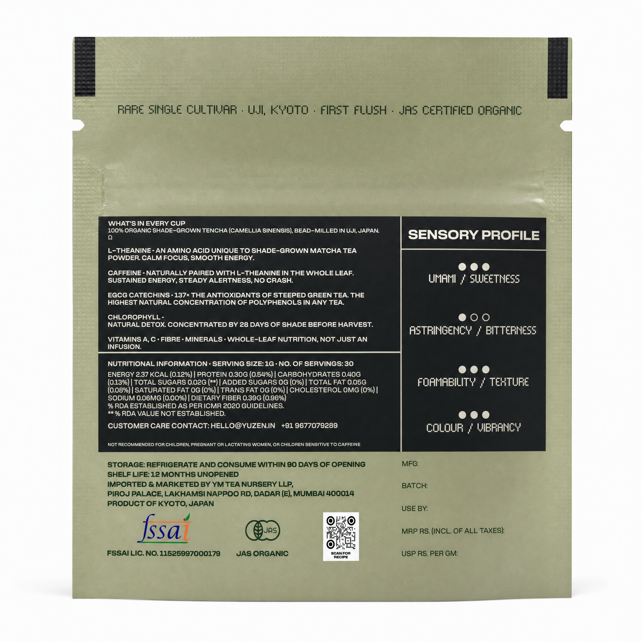 Yūzen Daichi ceremonial matcha pack back — sensory profile and nutrition information