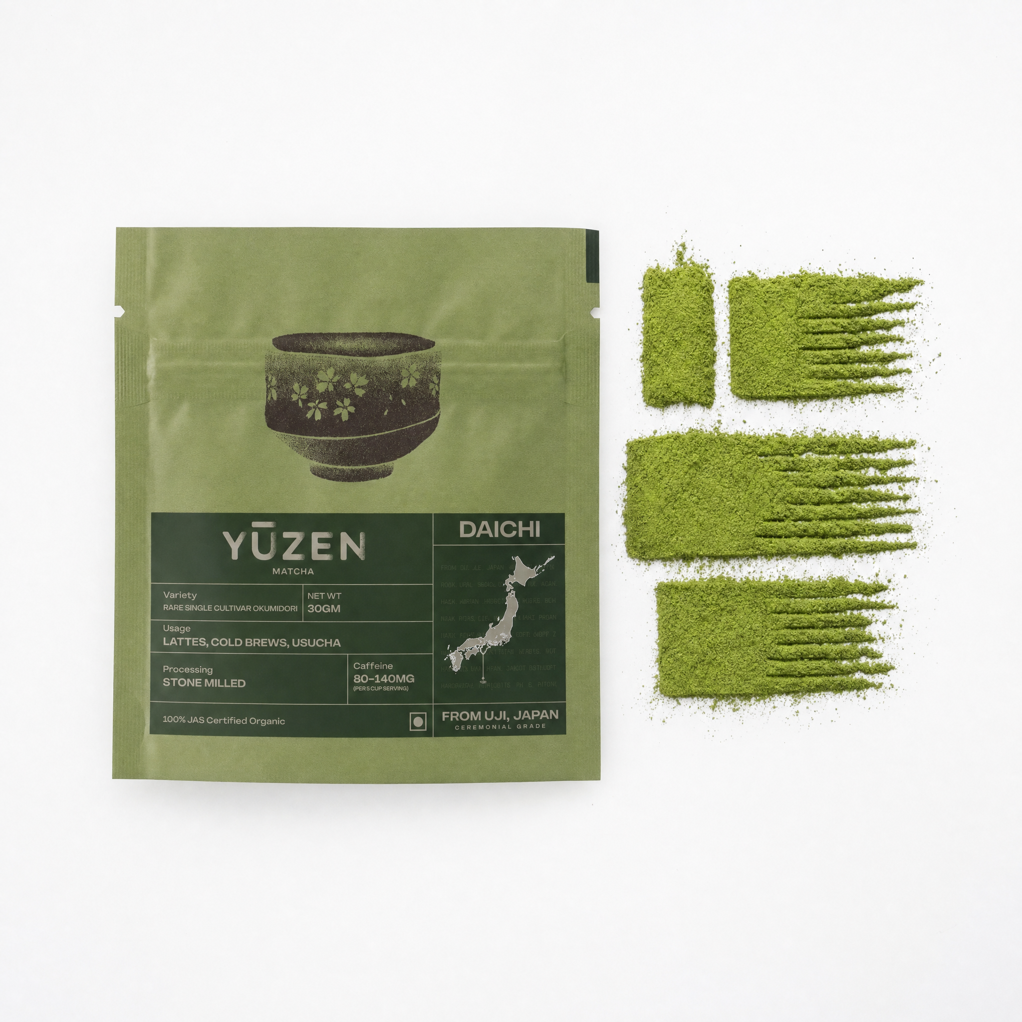 Yūzen Daichi ceremonial grade matcha 30g sachet with stone-milled powder from Uji, Japan