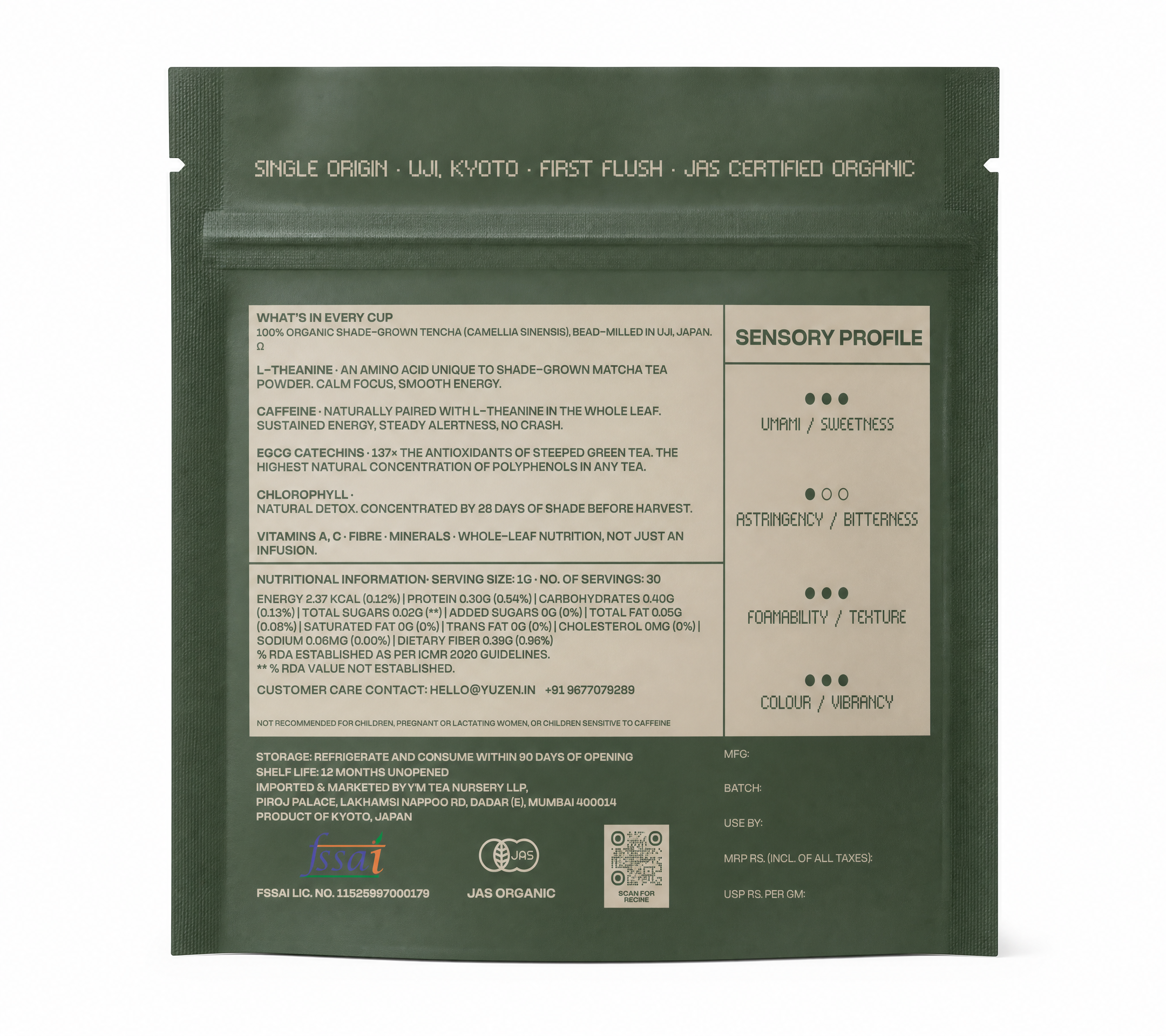 Yūzen Nami ceremonial matcha pack back — sensory profile and nutrition information