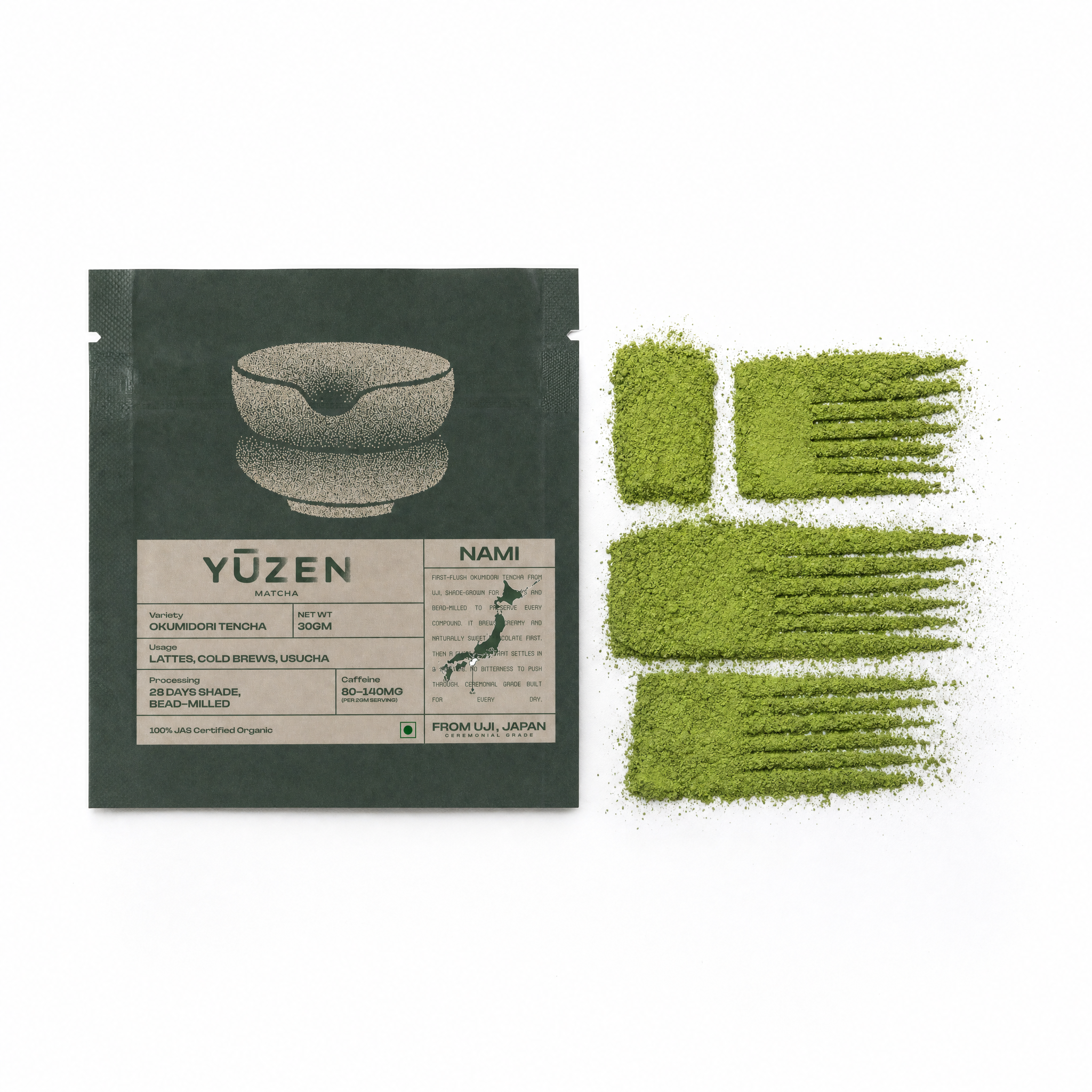 Yūzen Nami ceremonial grade matcha 30g sachet with stone-milled powder, Okumidori blended cultivar from Uji, Japan