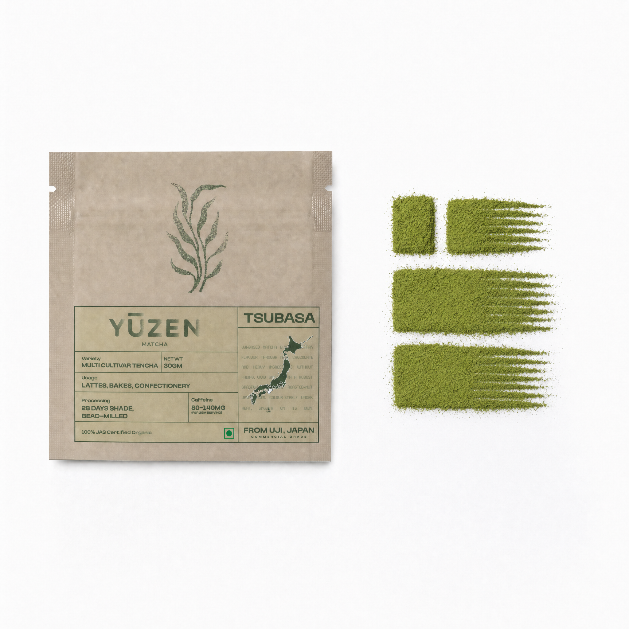 Yūzen Tsubasa premium culinary grade matcha 30g sachet with stone-milled powder, Uji-based cultivar blend